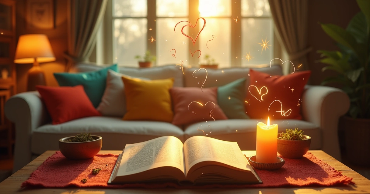 Um ambiente acolhedor com um livro sobre simpatias de amor, uma vela acesa e luz suave.