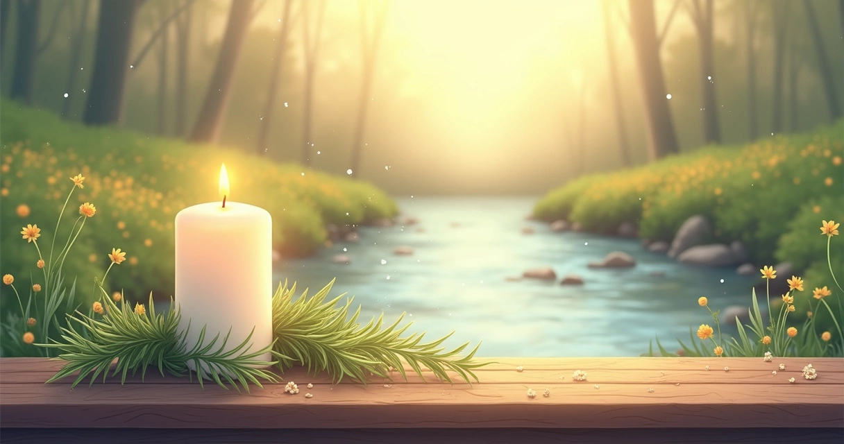 velas brancas e ervas em um ambiente sereno com um fundo de natureza e cores suaves