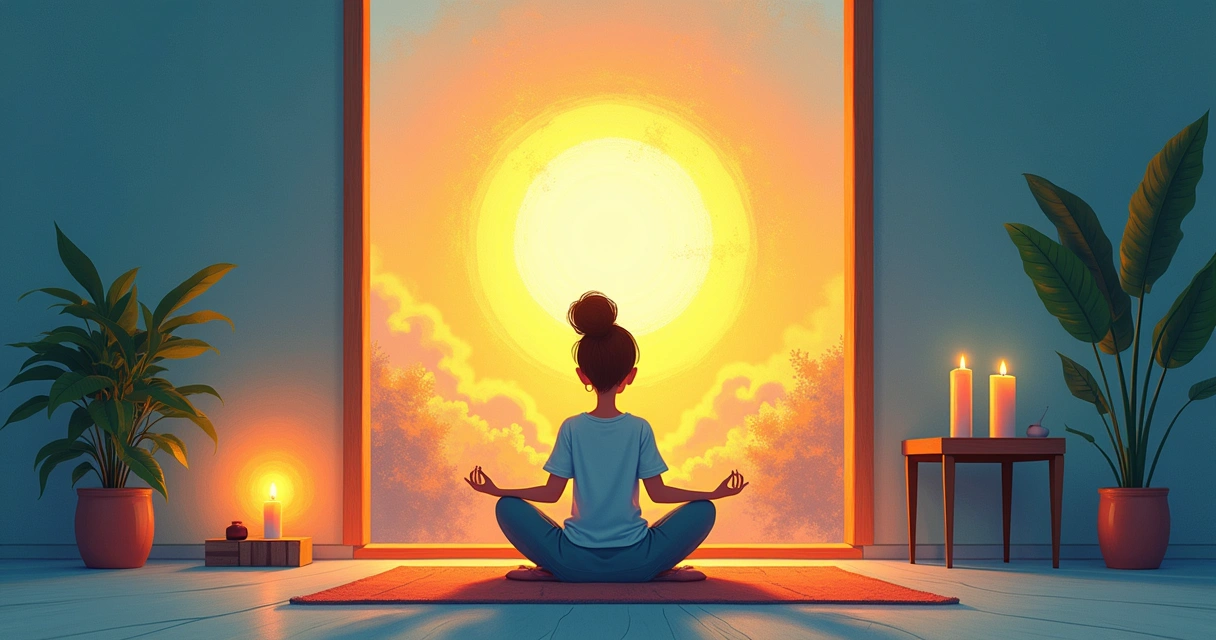 Uma pessoa meditando em uma sala iluminada, cercada por velas e ondas de energia coloridas, refletindo o poder das simpatias.