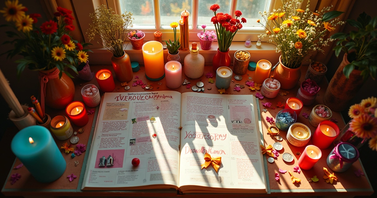 Altar colorido com velas, flores e objetos para simpatias 