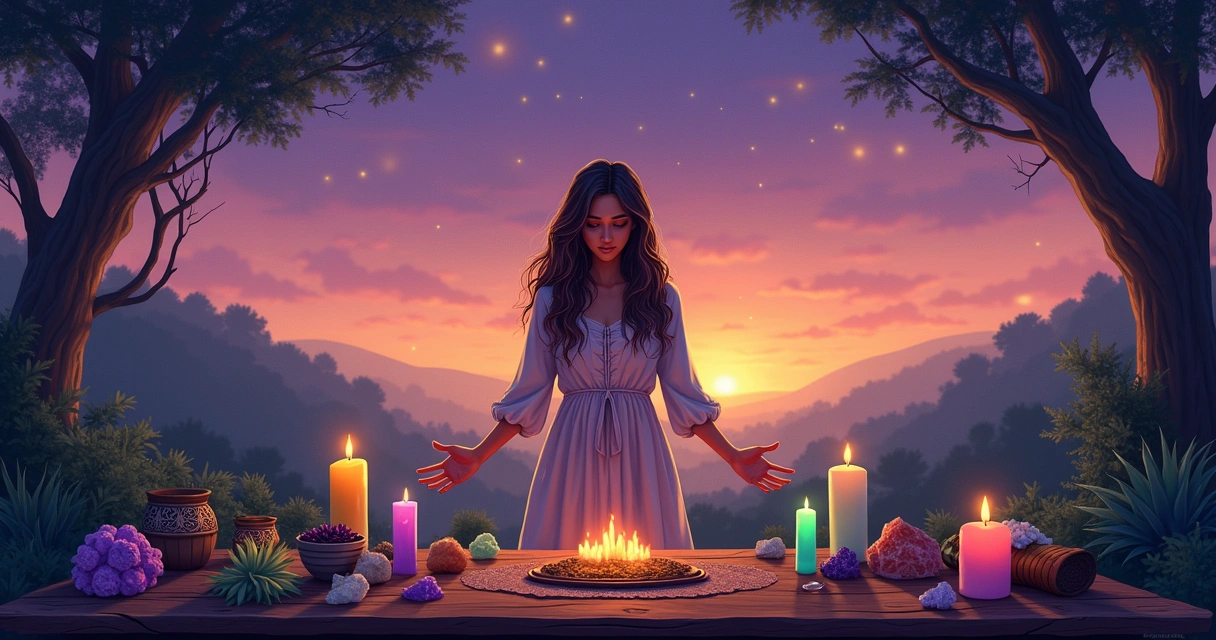 Praticante realizando simpatias ao ar livre com ervas, velas e cristais sob um céu mágico ao entardecer.