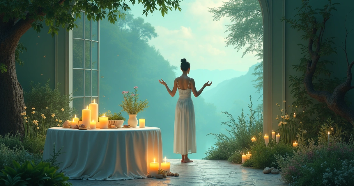 Pessoa em ambiente tranquilo praticando simpatias com velas, plantas e ingredientes místicos, em harmonia com a natureza.