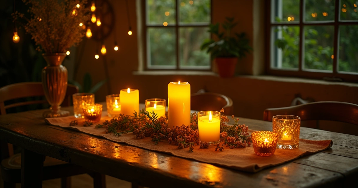 Mesa rústica com vela amarela, copo de água com açúcar, ervas e flores sob a luz da lua, ambiente espiritual.