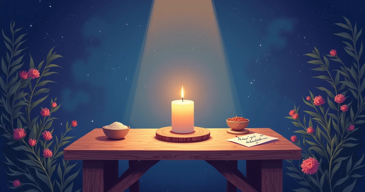 Mesma de madeira com uma vela acesa, ervas, e um papel com um pedido em um fundo de céu estrelado.