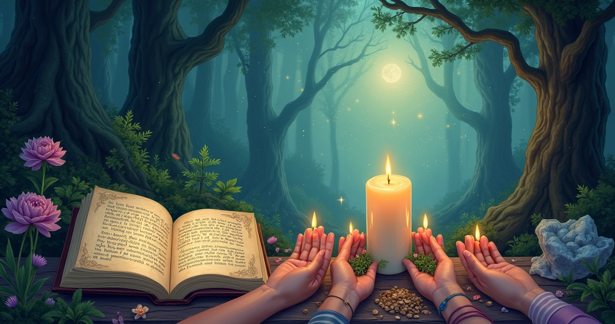 Ilustração de mãos segurando vela, ervas e cristais em um ambiente místico com um livro aberto e um fundo encantado.