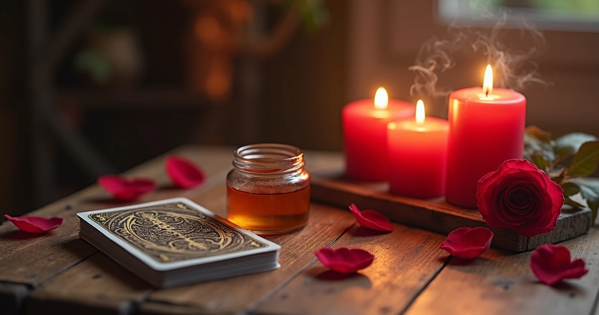 Mesa com velas vermelhas acesas, pétalas de rosa e pote de mel rodeado de cartas espirituais. 