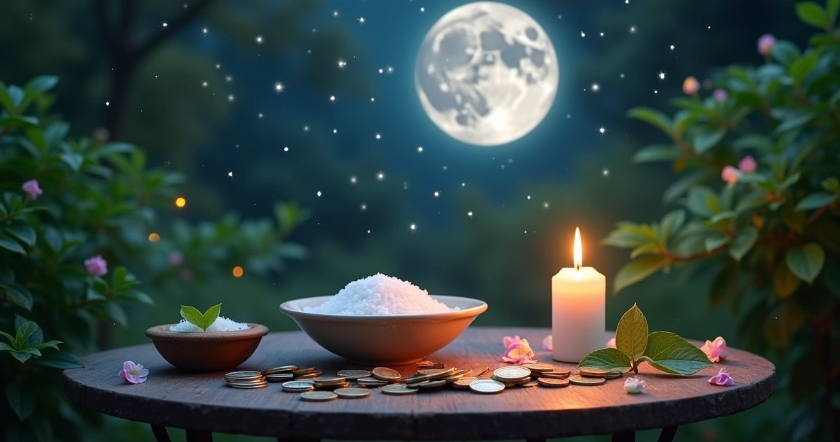 Ritual scene with symbolic items for simpatias: coins, leaves, candle, and flowers under full moon.