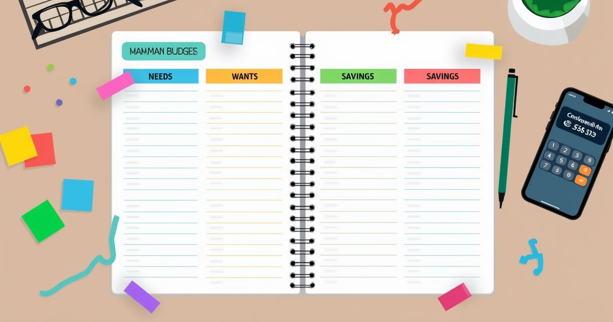Simple budget planner spread on table with colored headings and sticky notes