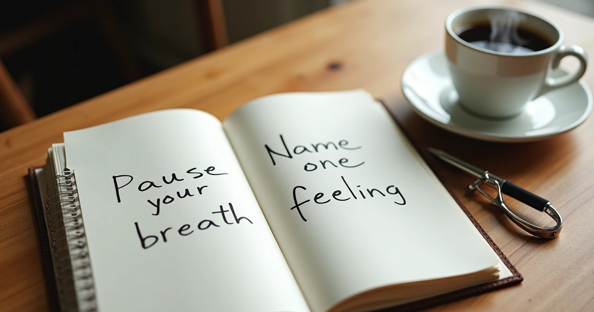 Notebook with written reminders, pen, and coffee on wooden table 