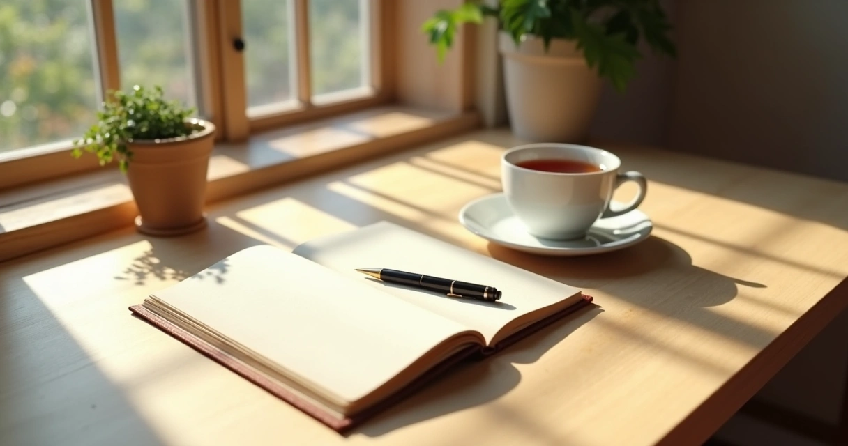 Open journal, pen, and cup of tea on table
