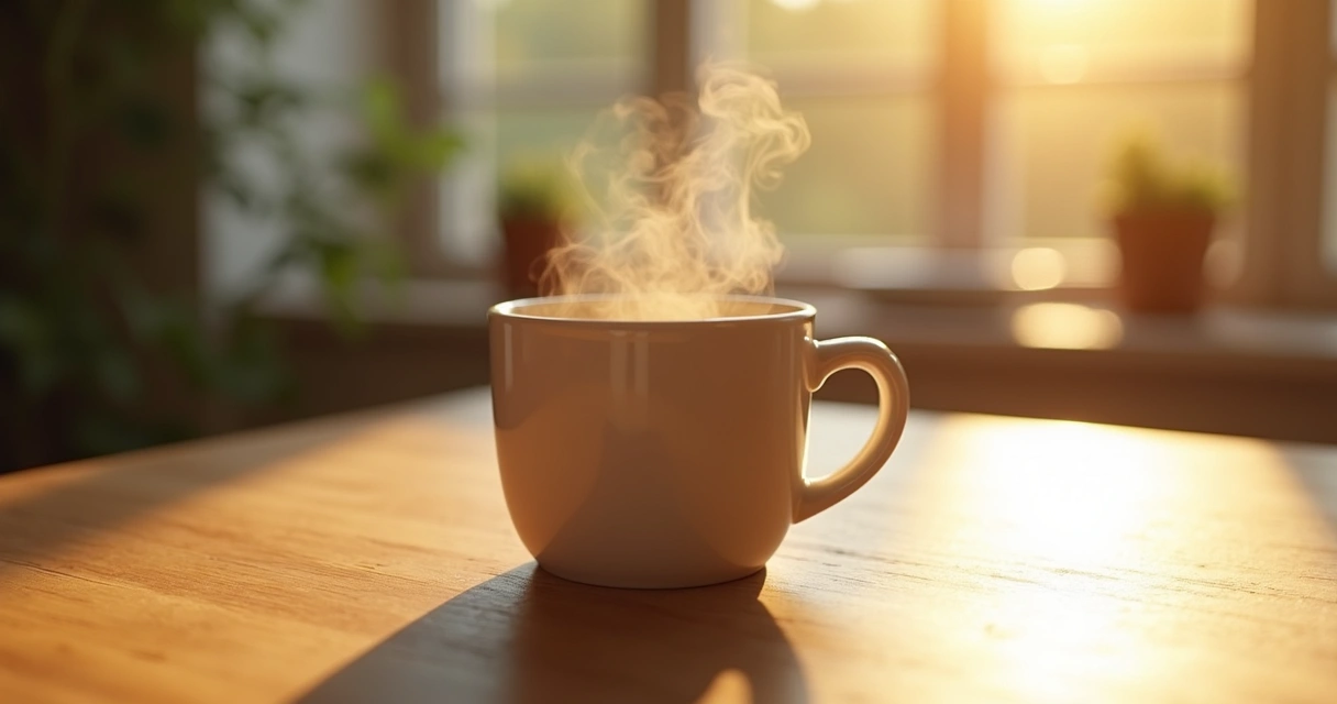 Cup of tea with sunlight on it on a wooden table