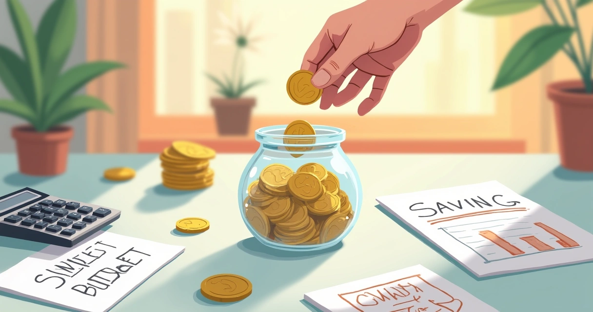 Hands placing coins into a small glass jar with financial notes around
