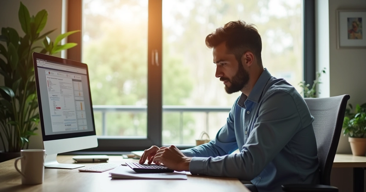 Empresário conferindo documentos e calculadora em mesa de escritório