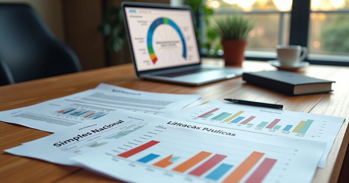 Documentos e gráficos comparativos sobre regras do Simples Nacional e licitações em mesa de escritório 