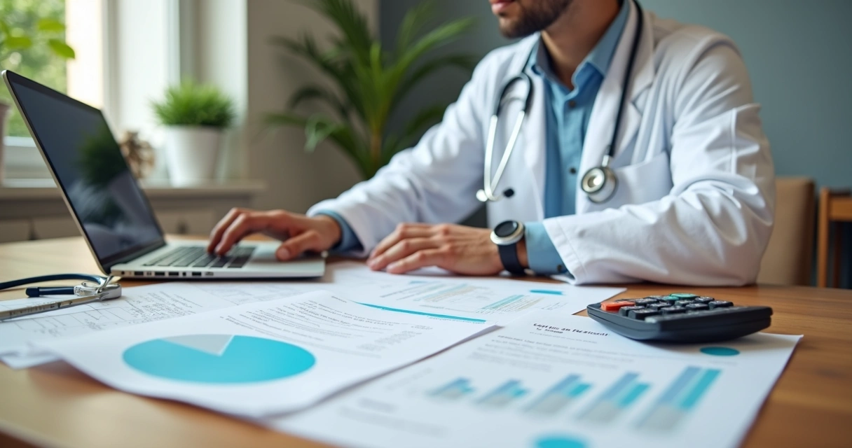 Médico jovem com documentos fiscais e uma calculadora, mostrando planilhas de impostos na mesa 