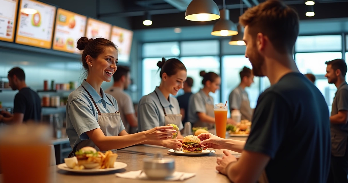 Fila em restaurante rápido com atendimento automatizado e cardápio digital 
