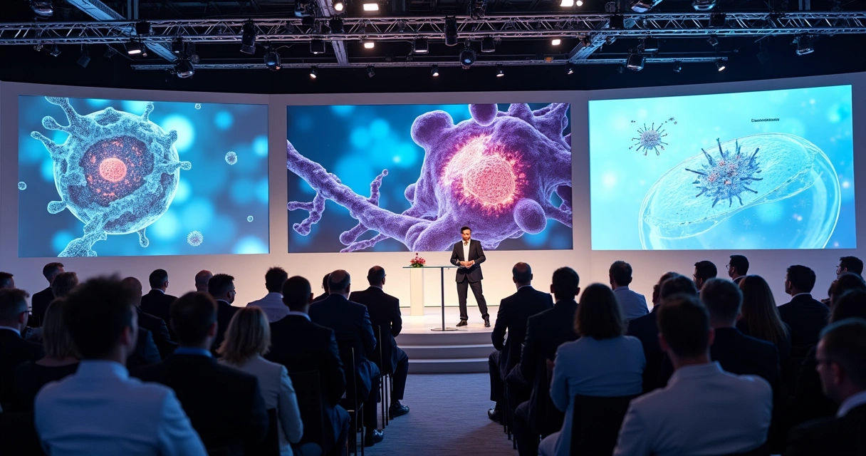 Médicos em congresso sobre medicina regenerativa, painel com gráficos e imagens de células. 