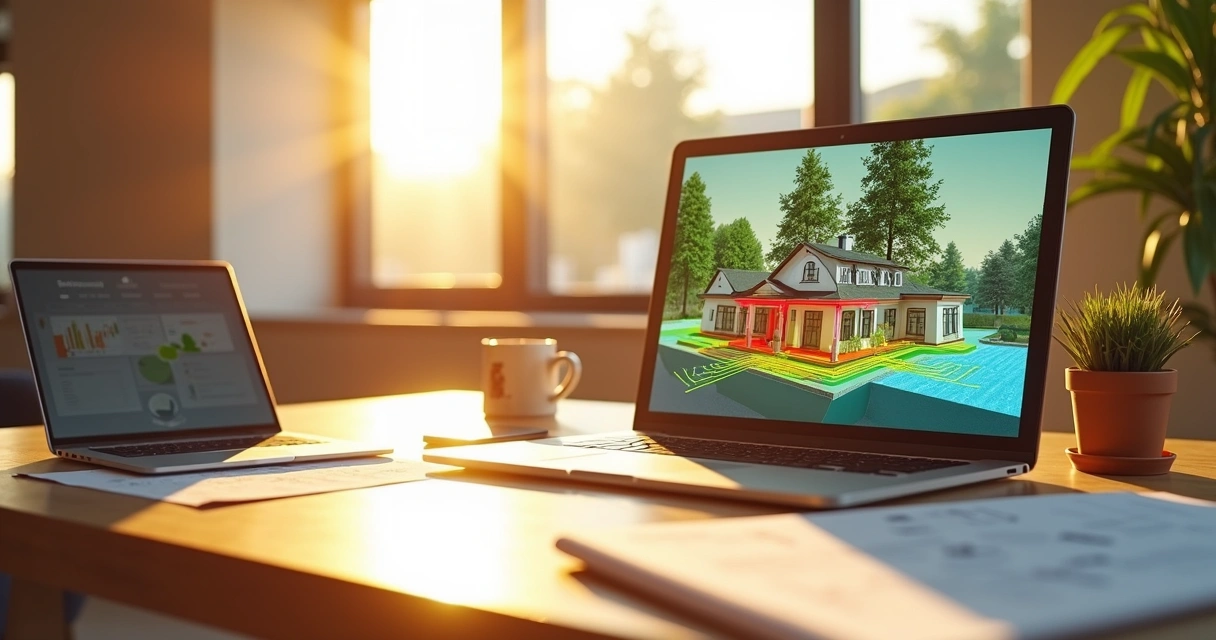 Simulação ambiental em projeto arquitetônico, destacando luz solar e ventilação 