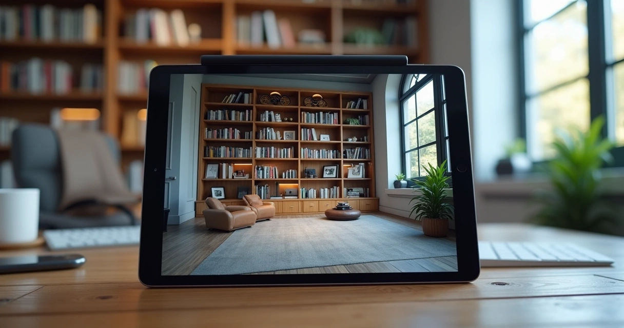 Simulação de móvel em escritório usando AR projetado no tablet 