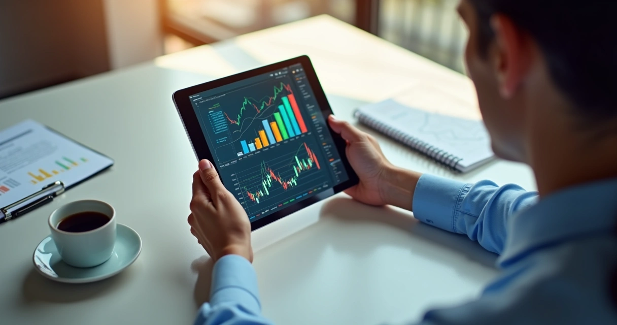 Pessoa olhando gráficos financeiros em tablet, ambiente de trabalho organizado.