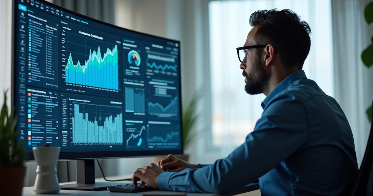 Pessoa avaliando simulações financeiras automatizadas em tela 