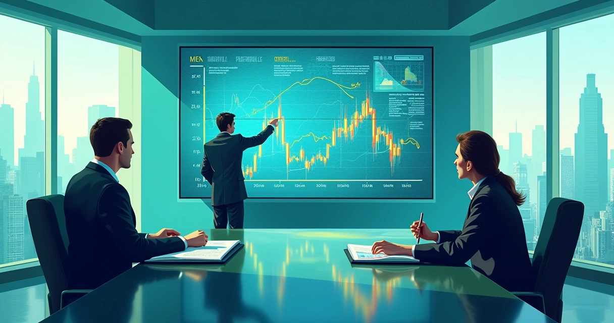 Simulação de cenários financeiros com gráficos digitais em uma tela grande de reunião 