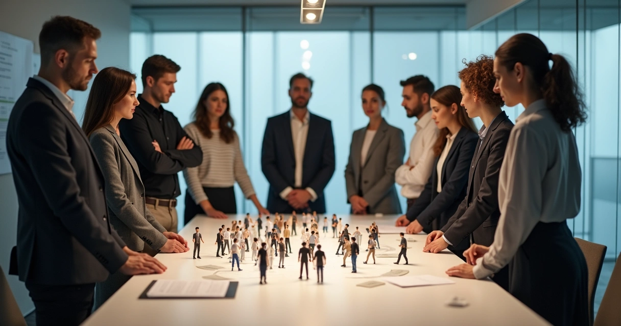 Simulação de constelação em sala de reunião com pessoas de pé e bonecos em uma mesa 