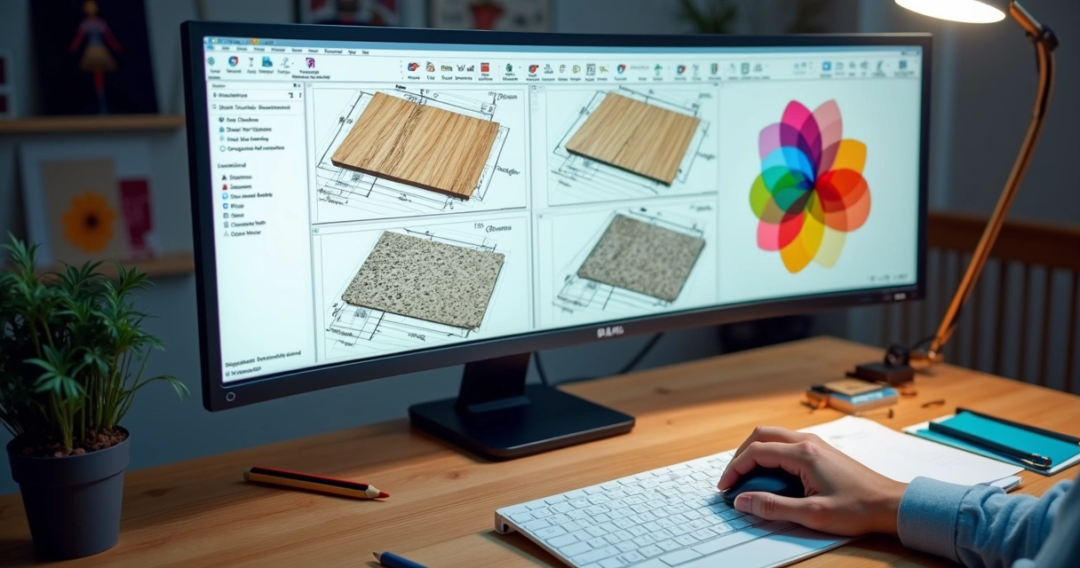 Simulação em software mostrando planos de corte para vários materiais 