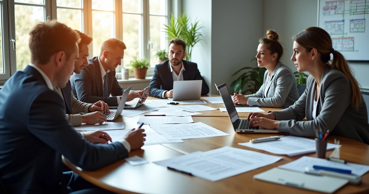 Equipe de PME em mesa oval participando de simulação de crise, com papéis e notebooks abertos, dono observando ao fundo 