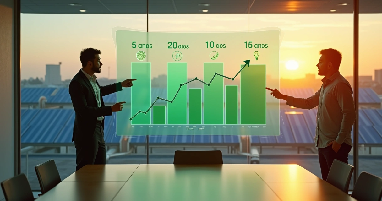 Executivo analisando projeção de economia com energia solar em painel digital 
