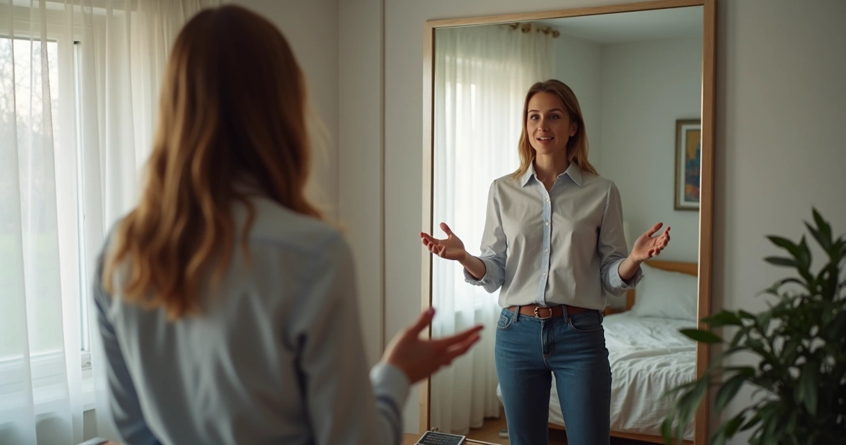 Pessoa ensaiando entrevista de emprego em inglês em frente ao espelho
