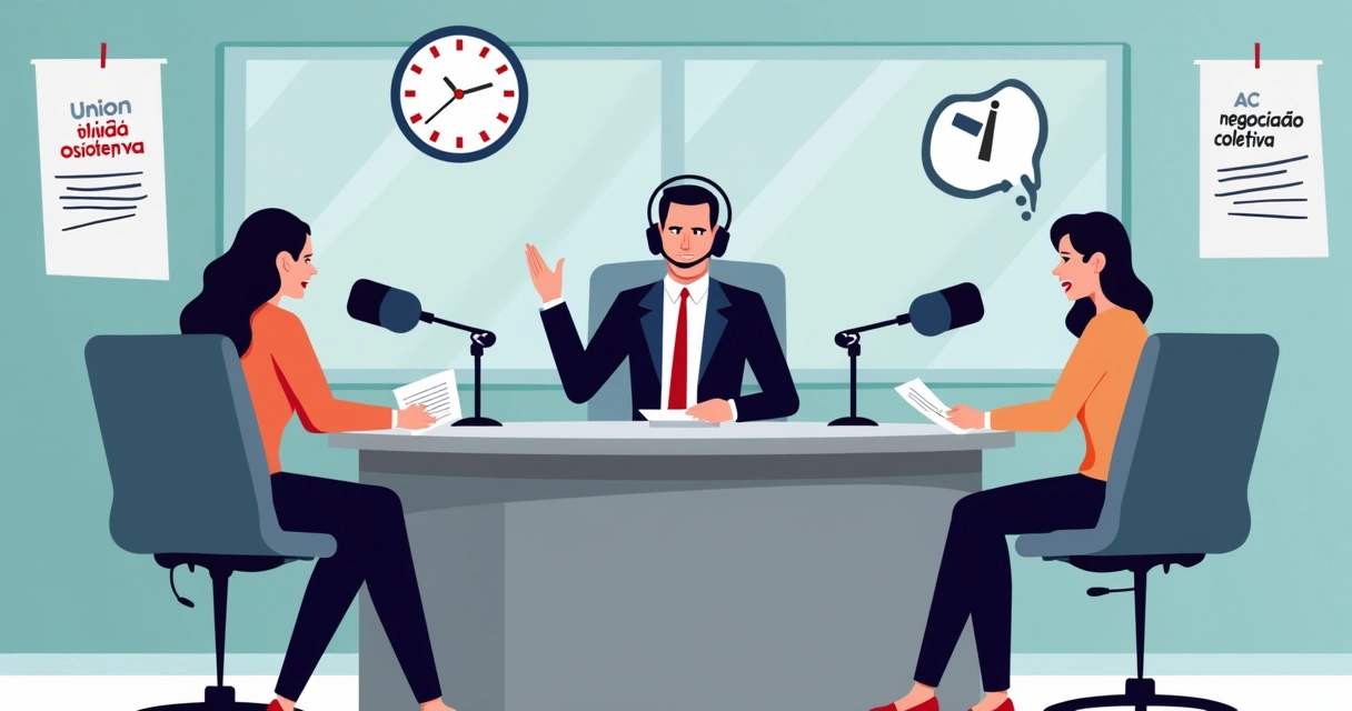 Simulação de entrevista com sindicalista em estúdio de rádio 