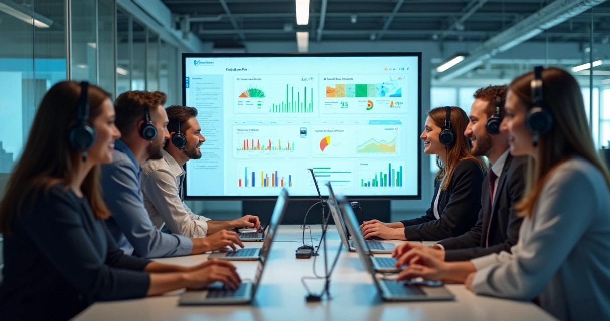 Equipe de telemarketing analisando resultados de pesquisa NPS em uma tela grande 