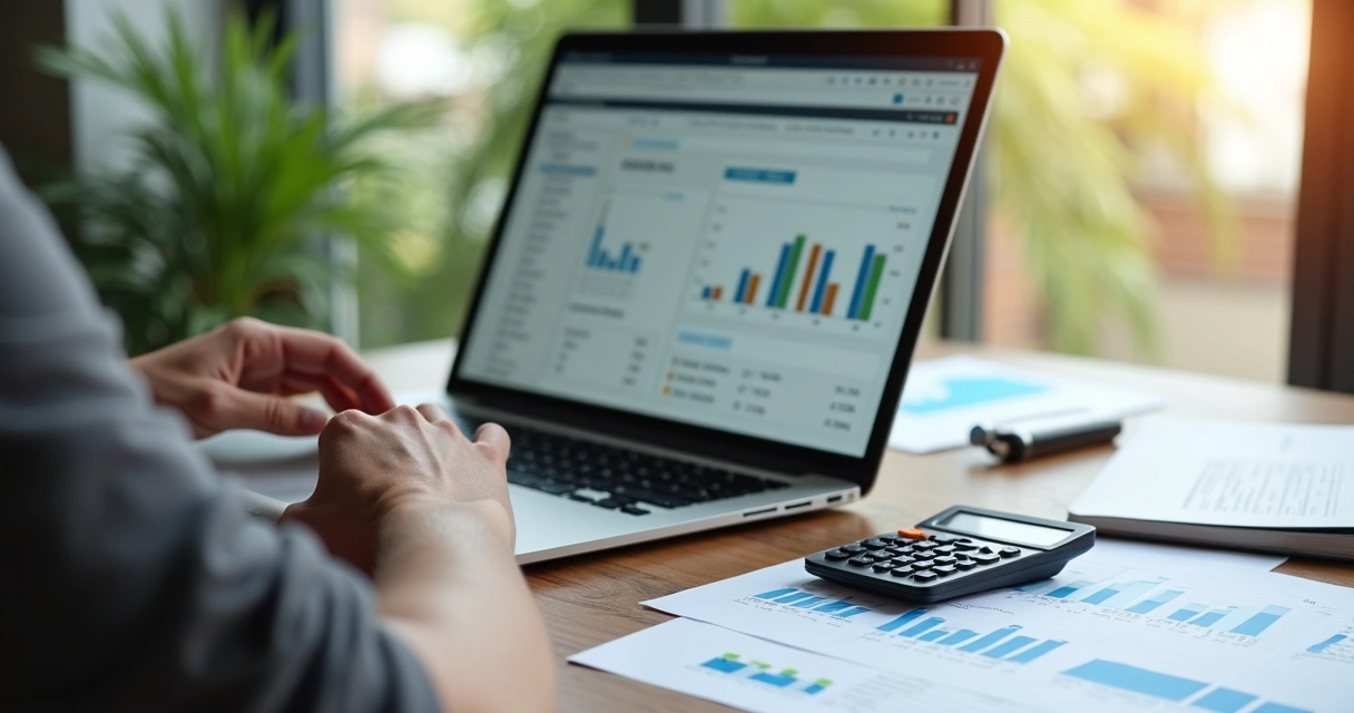 Pessoa utilizando simulador de financiamento imobiliário no notebook em mesa de trabalho moderna 