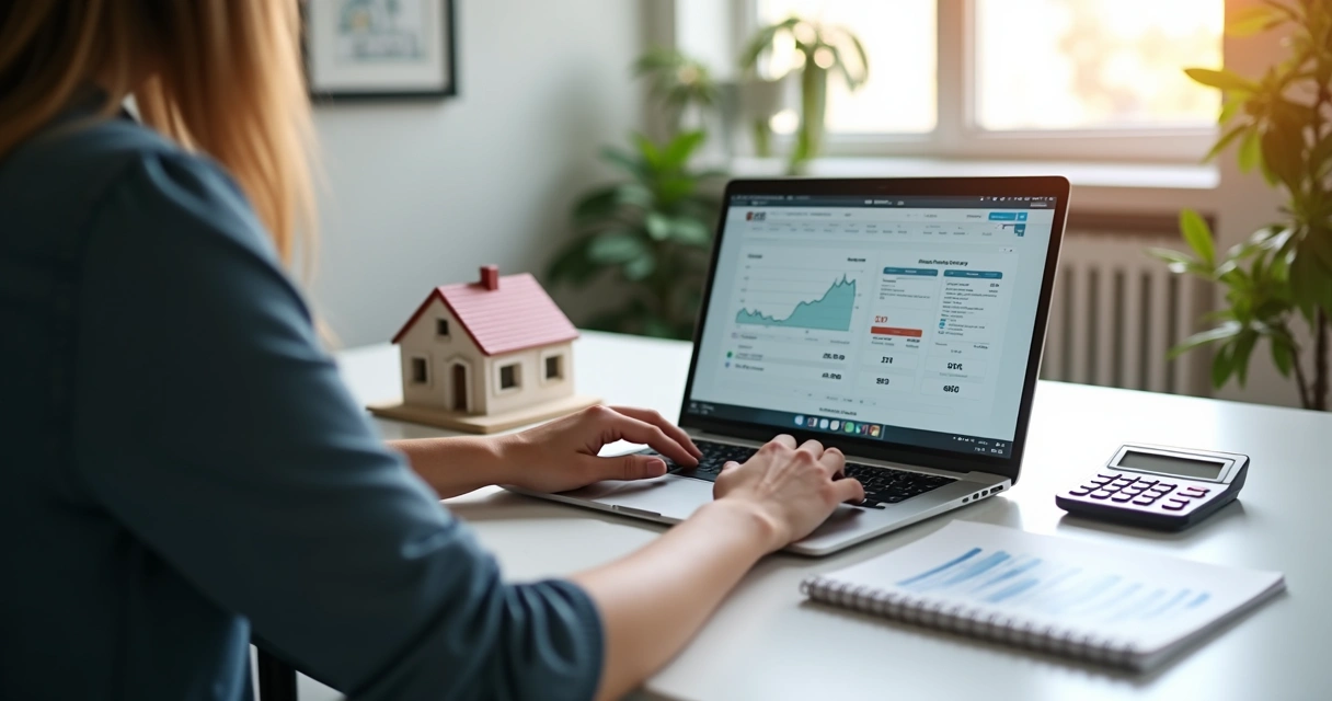 Pessoa fazendo simulação de financiamento com notebook e maquete de casa 