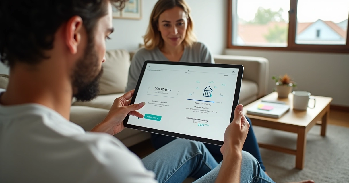 Casal no sofá analisando simulação de financiamento de construção em tablet 