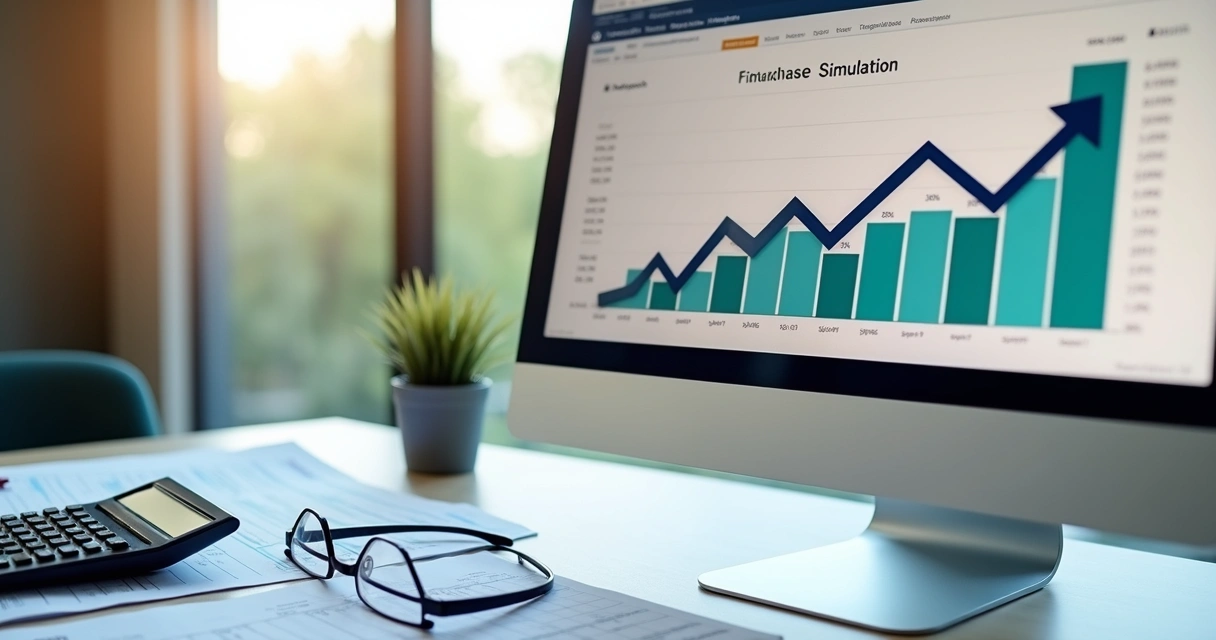 Simulação digital de financiamento imobiliário mostrando gráfico financeiro em tela de computador com documentos e calculadora sobre a mesa 