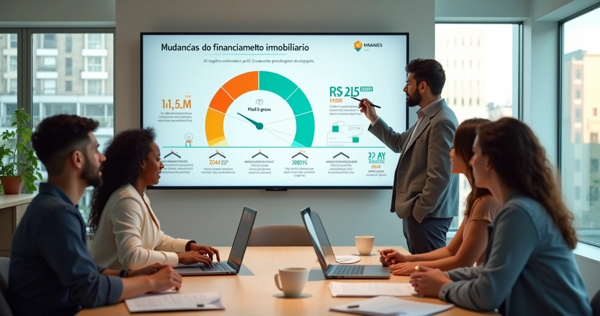 Profissional explica em lousa digital mudanças no financiamento imobiliário a jovens adultos 