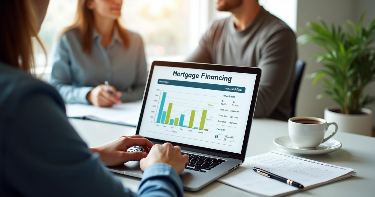 Simulação de financiamento imobiliário mostrando tela de aplicativo no notebook 