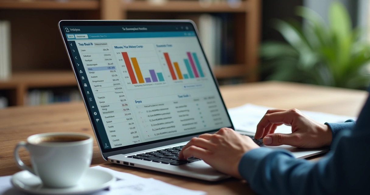 Pessoa usando simulador tributário em notebook na mesa de trabalho 