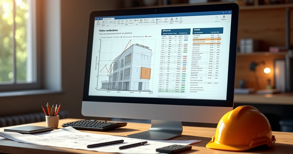 Simulação de cálculo de INSS de obra civil em tela de computador com gráficos 