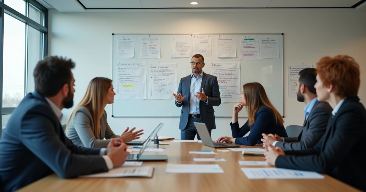 Simulação de liderança com equipe discutindo dilemas em sala de reunião. 