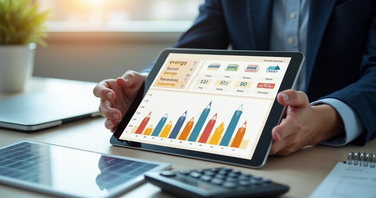 Simulação de energia solar mostrada em tablet com gráfico de economia 