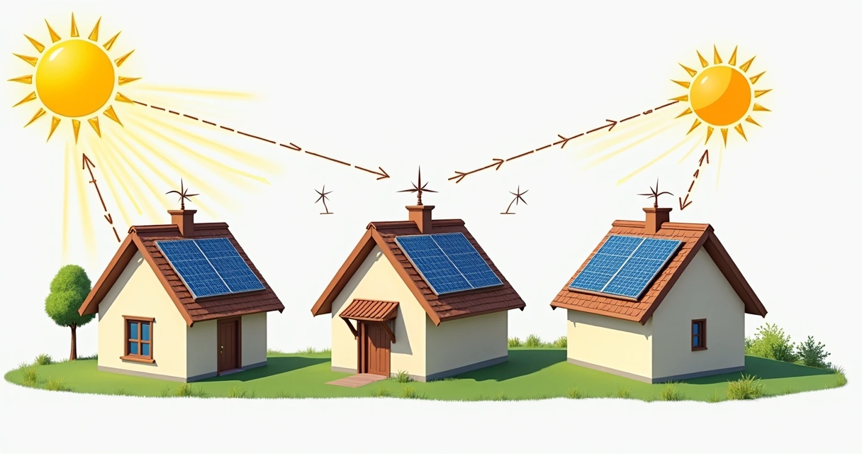 Painéis solares mostrando diferentes orientações e inclinações. 