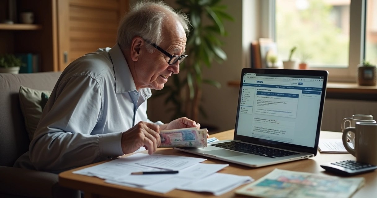Idoso revisando cálculos de benefício com planilhas e calculadora 