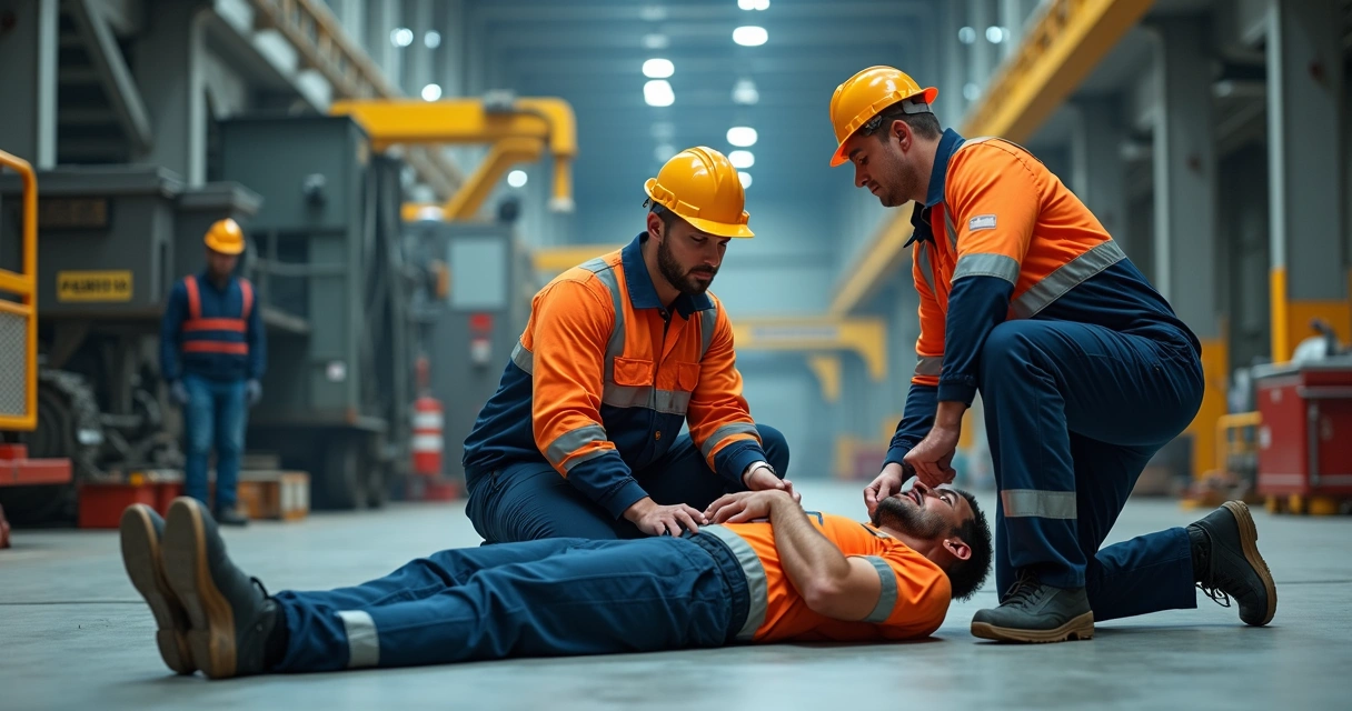 Simulação de primeiros socorros em ambiente industrial com equipamentos modernos. 