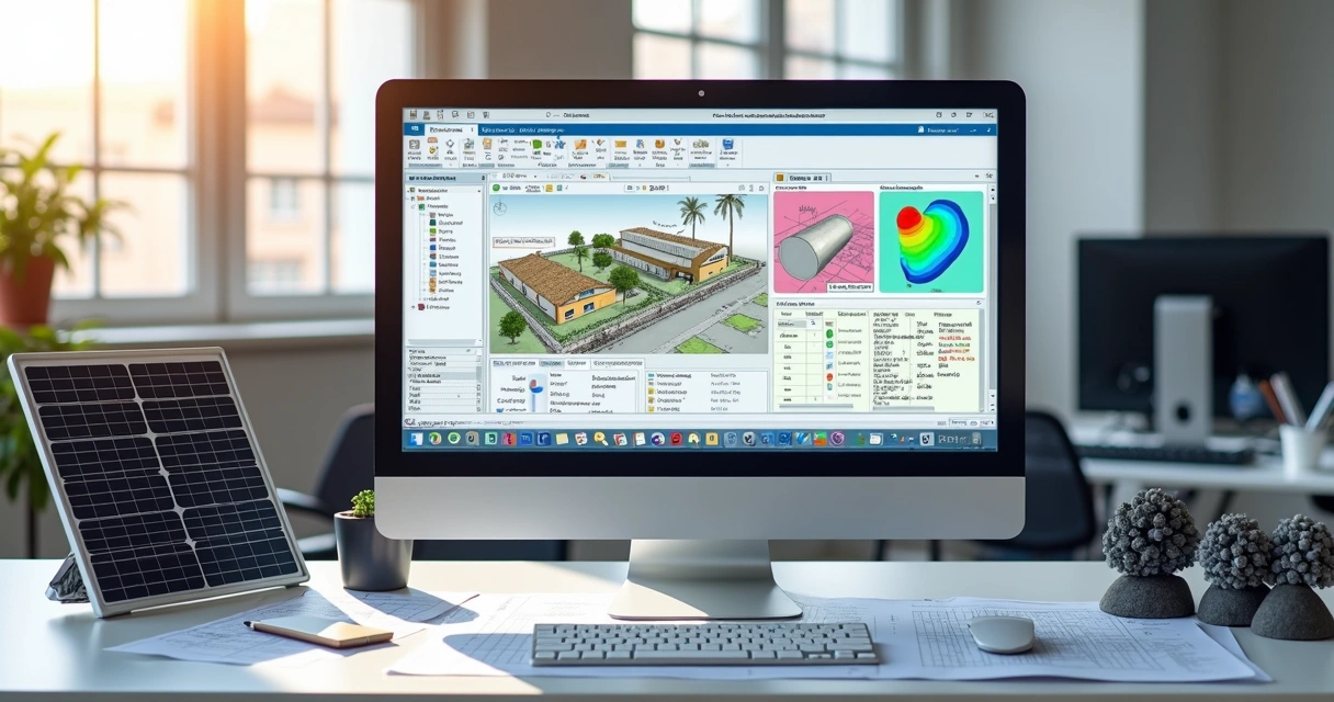 Tela de computador exibindo software PVsyst com gráficos e dados de sistemas fotovoltaicos 