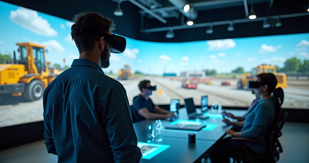 Colaborador usando óculos de realidade virtual em simulação de treinamento 