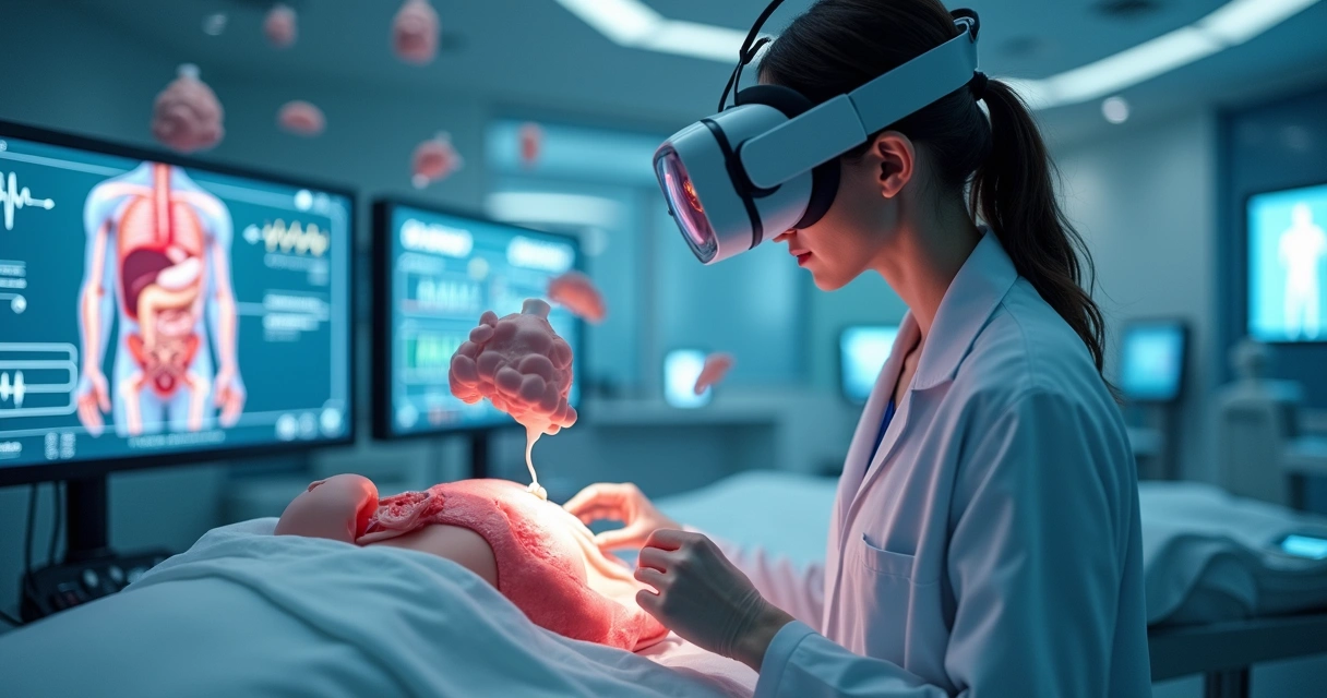 Estudante de medicina usando headset de realidade virtual para simulação de cirurgia em ambiente digital detalhado com modelos anatômicos 3D e gráficos interativos na tela 