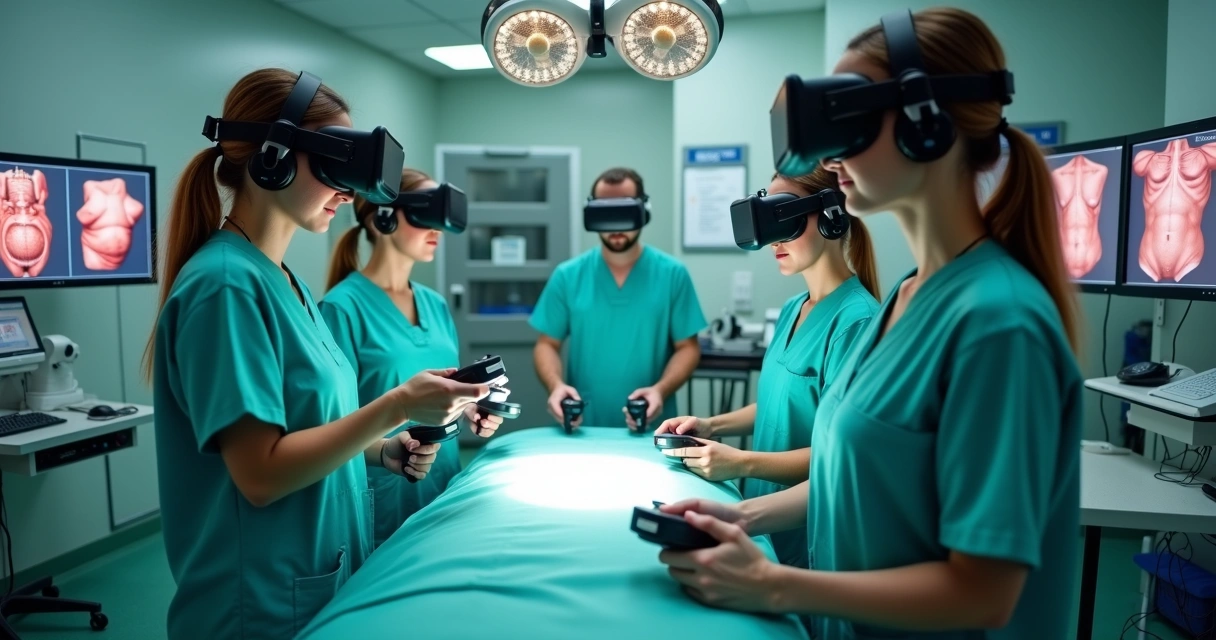 Estudantes médicos utilizando realidade virtual em simulação cirúrgica 